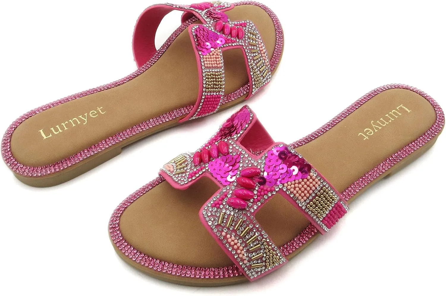 Women's Rhinestone Embellished Comfort Cushion Slide Flat Sandals with Sequin and Crystal Beaded: Stylish Design, Non-Slip Rubber Sole, Latex Insole for Comfort, Perfect for Parties, Gatherings, Casual Wear, Vacations, and Beach Days