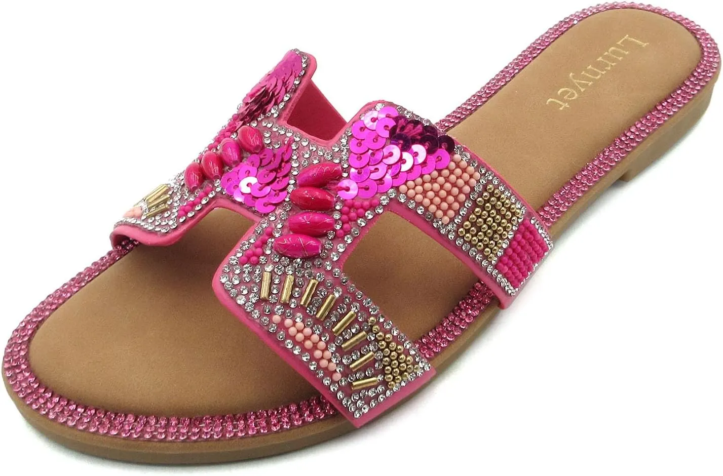 Women's Rhinestone Embellished Comfort Cushion Slide Flat Sandals with Sequin and Crystal Beaded: Stylish Design, Non-Slip Rubber Sole, Latex Insole for Comfort, Perfect for Parties, Gatherings, Casual Wear, Vacations, and Beach Days