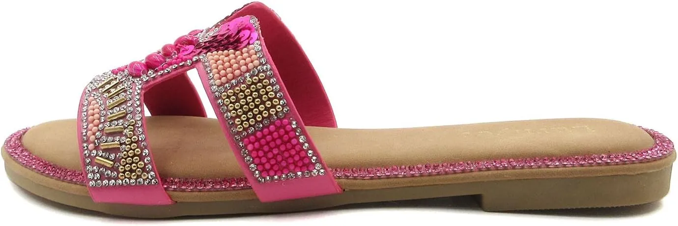 Women's Rhinestone Embellished Comfort Cushion Slide Flat Sandals with Sequin and Crystal Beaded: Stylish Design, Non-Slip Rubber Sole, Latex Insole for Comfort, Perfect for Parties, Gatherings, Casual Wear, Vacations, and Beach Days