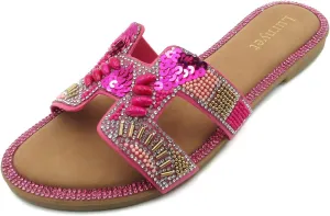 Women's Rhinestone Embellished Comfort Cushion Slide Flat Sandals with Sequin and Crystal Beaded: Stylish Design, Non-Slip Rubber Sole, Latex Insole for Comfort, Perfect for Parties, Gatherings, Casual Wear, Vacations, and Beach Days
