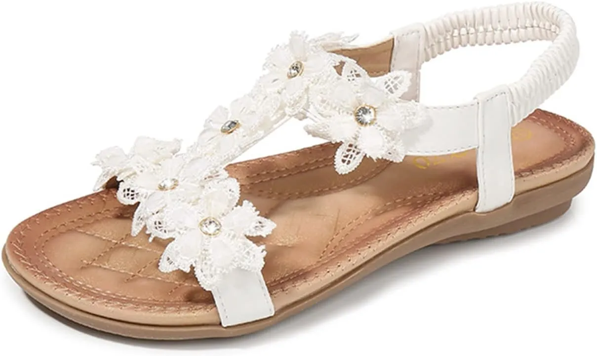 Womens Sandals Shoes Comfort Walking Casual Summer Beach Shoes Dress Ankle Elastic Flower Jeweled Bohemian Wedding Flats