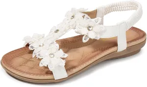 Womens Sandals Shoes Comfort Walking Casual Summer Beach Shoes Dress Ankle Elastic Flower Jeweled Bohemian Wedding Flats