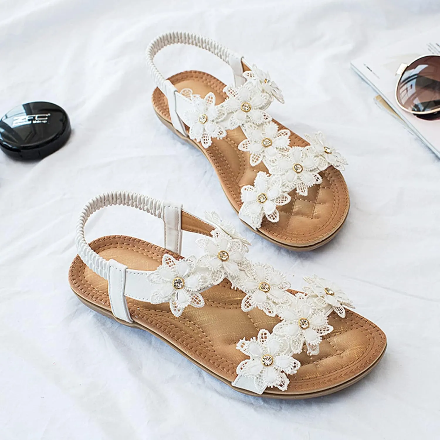 Womens Sandals Shoes Comfort Walking Casual Summer Beach Shoes Dress Ankle Elastic Flower Jeweled Bohemian Wedding Flats