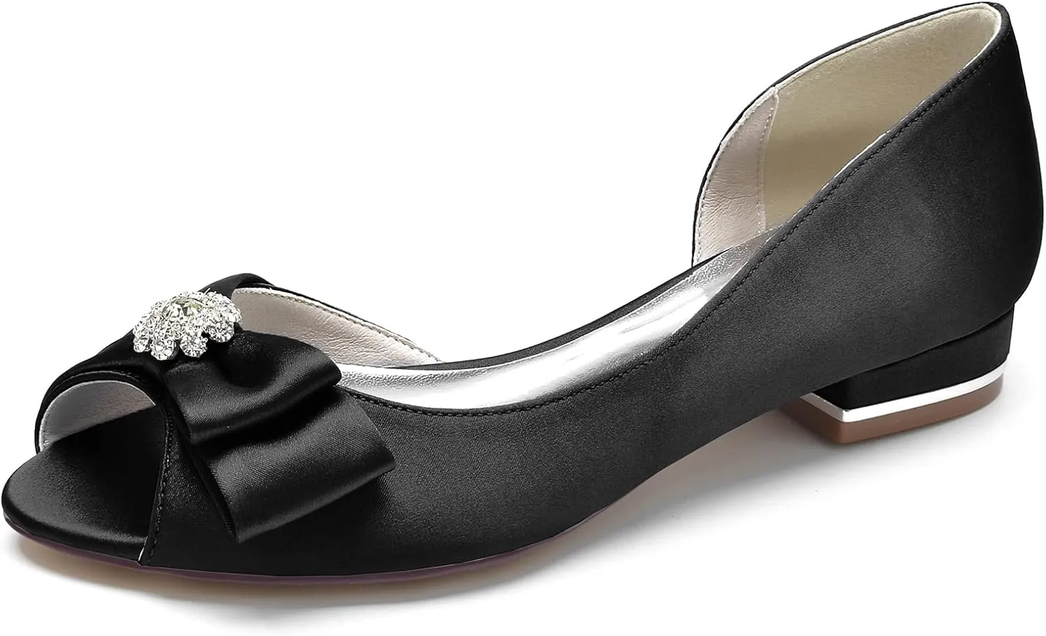 Women's Satin Ballet Flats Peep Toe Bow Bride Weeding Shoes Comfort Slip on Dress Shoes
