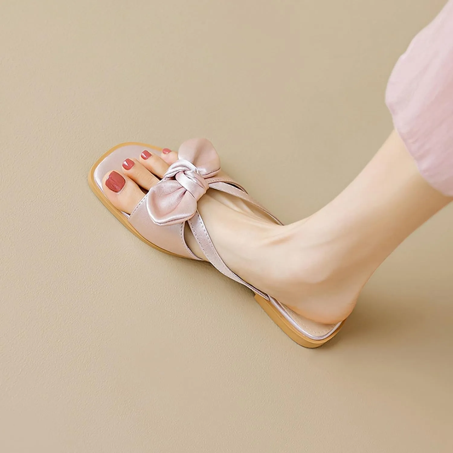Women's Satin Bow Knot Square Toe Flat Sandals Fashion Open Toe Slip-On Dress Slides Summer Casual Beach Walking Slippers
