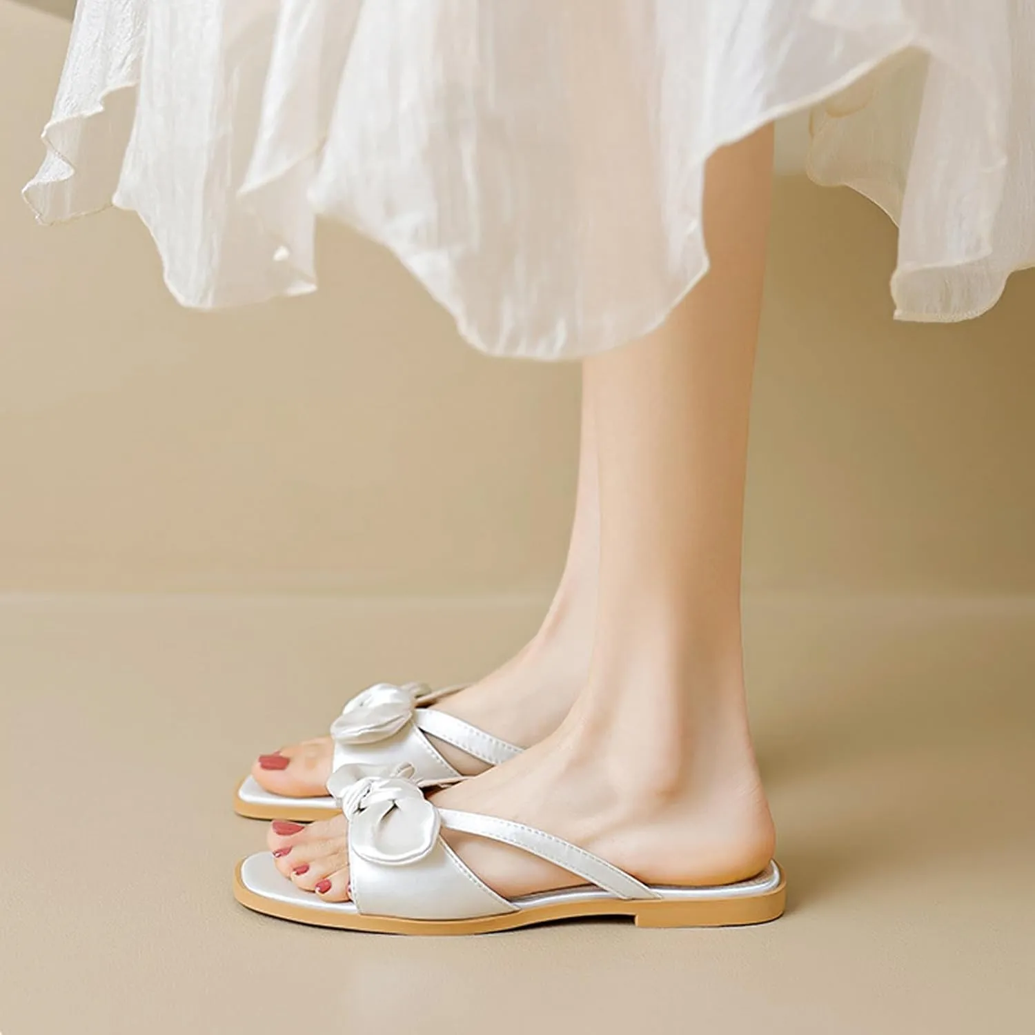 Women's Satin Bow Knot Square Toe Flat Sandals Fashion Open Toe Slip-On Dress Slides Summer Casual Beach Walking Slippers