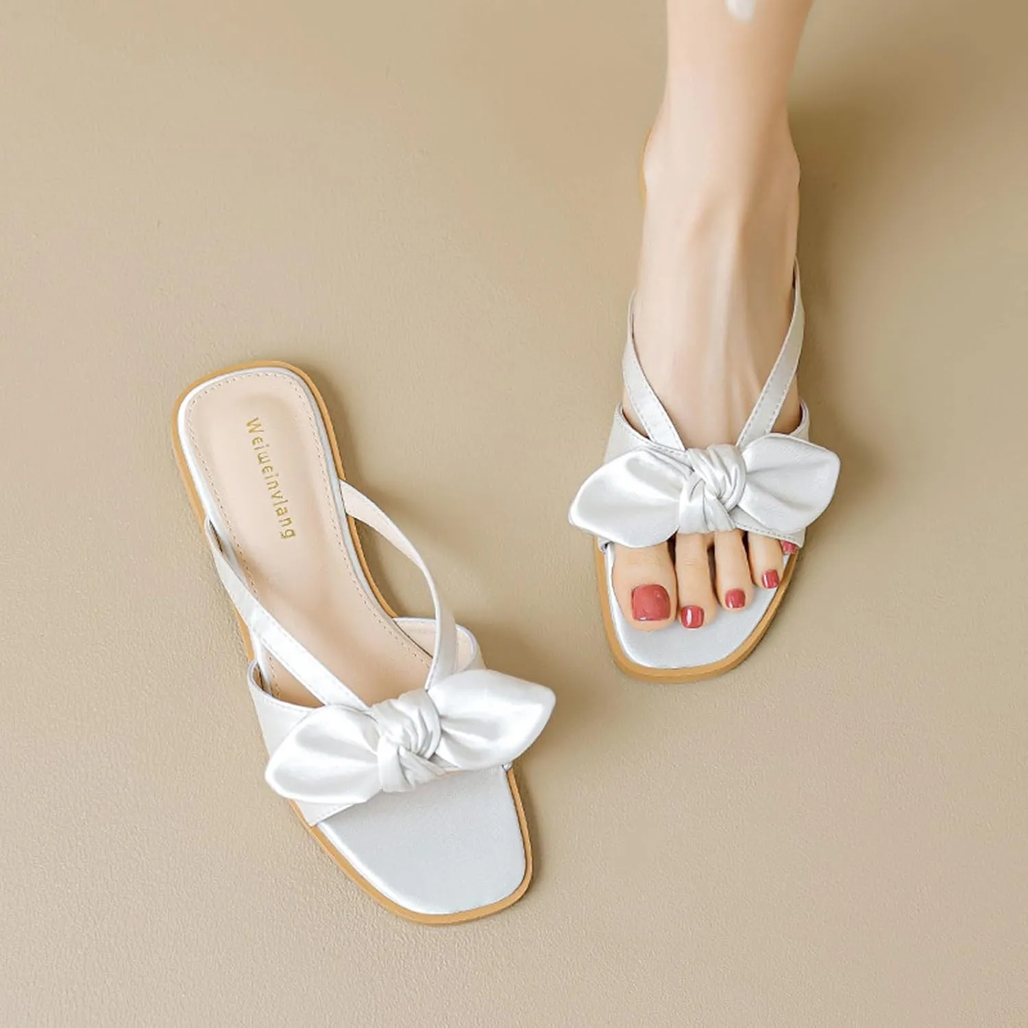 Women's Satin Bow Knot Square Toe Flat Sandals Fashion Open Toe Slip-On Dress Slides Summer Casual Beach Walking Slippers
