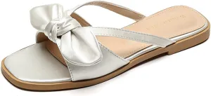 Women's Satin Bow Knot Square Toe Flat Sandals Fashion Open Toe Slip-On Dress Slides Summer Casual Beach Walking Slippers