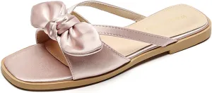 Women's Satin Bow Knot Square Toe Flat Sandals Fashion Open Toe Slip-On Dress Slides Summer Casual Beach Walking Slippers