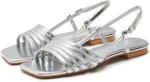 Women's Slingback Flats Sandals Open Square Toe Adjustable Ankle Strap Gladiator Flat-Sandal Summer Dresssy Cute Low Heel Shoes