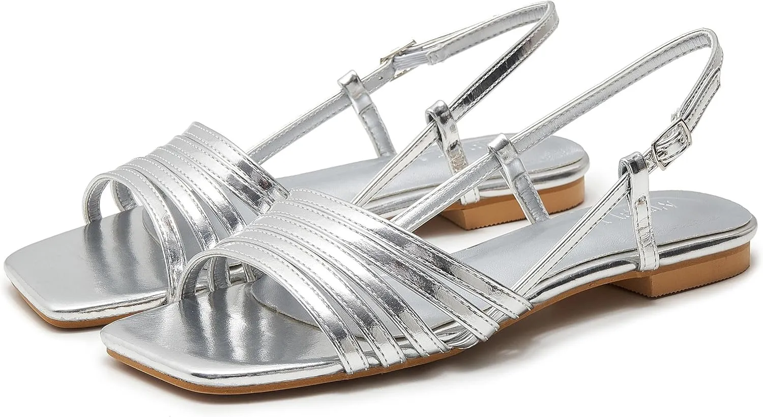 Women's Slingback Flats Sandals Open Square Toe Adjustable Ankle Strap Gladiator Flat-Sandal Summer Dresssy Cute Low Heel Shoes