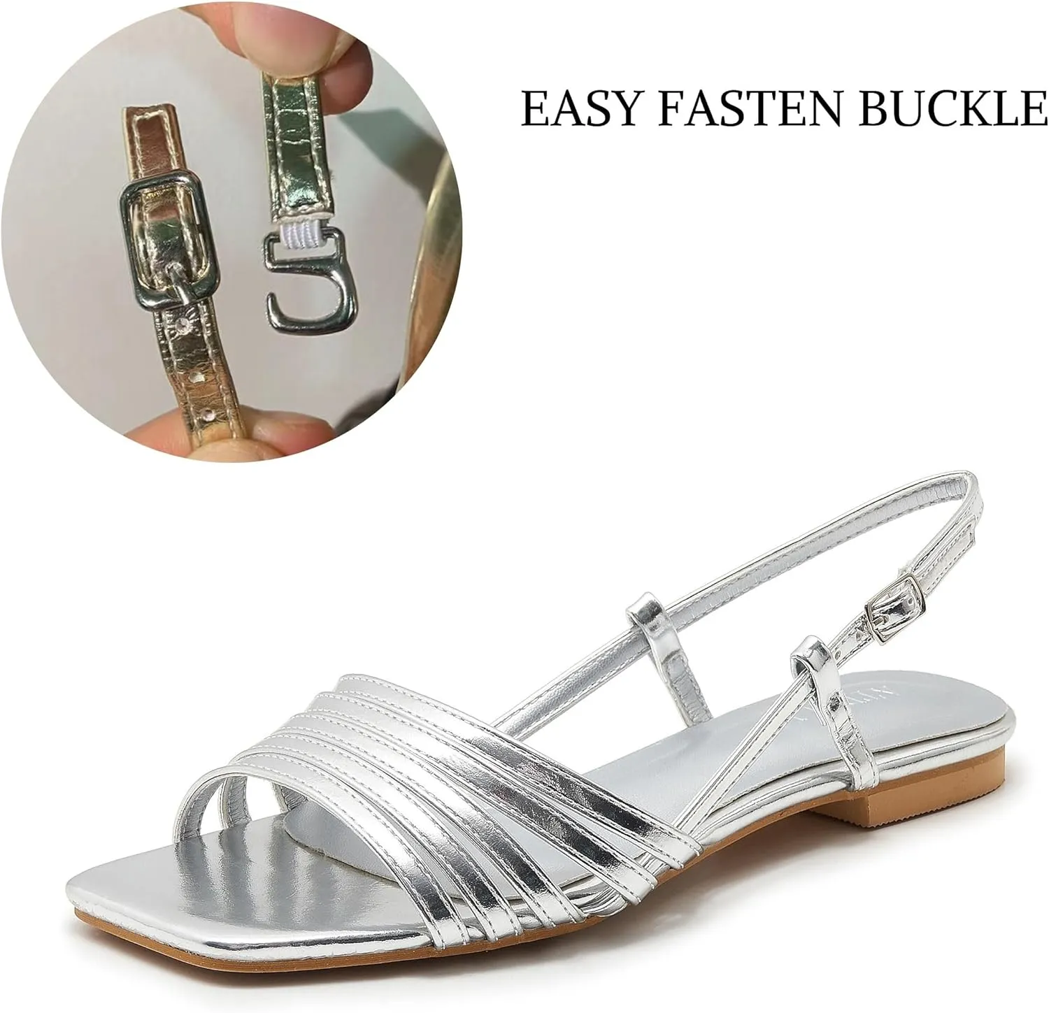 Women's Slingback Flats Sandals Open Square Toe Adjustable Ankle Strap Gladiator Flat-Sandal Summer Dresssy Cute Low Heel Shoes