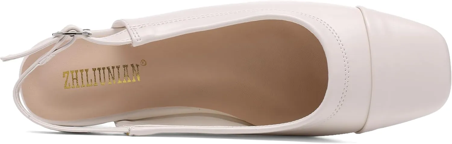Women's Slingback Low Heel Pumps,Ladies Closed Square Toe Wedge Sandals Dressy Casual Trendy Comfortable Buckle Fancy Business Office Teacher Holiday Leather Shoe