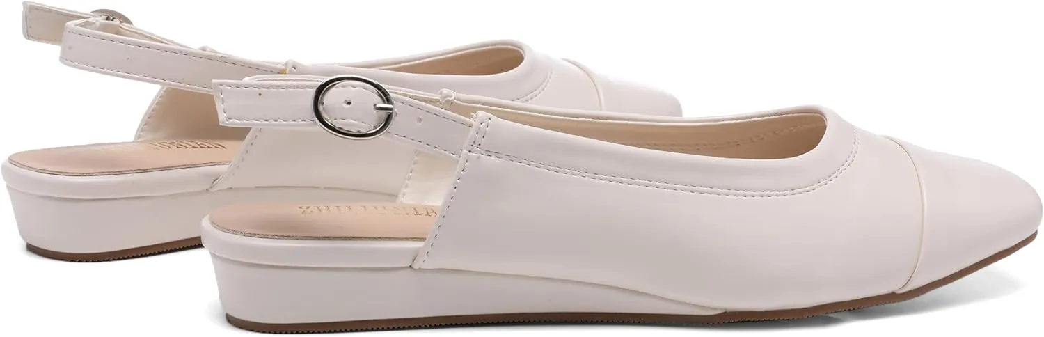 Women's Slingback Low Heel Pumps,Ladies Closed Square Toe Wedge Sandals Dressy Casual Trendy Comfortable Buckle Fancy Business Office Teacher Holiday Leather Shoe