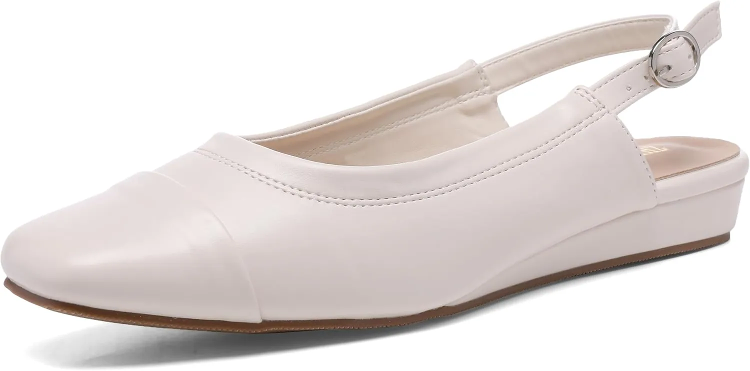 Women's Slingback Low Heel Pumps,Ladies Closed Square Toe Wedge Sandals Dressy Casual Trendy Comfortable Buckle Fancy Business Office Teacher Holiday Leather Shoe