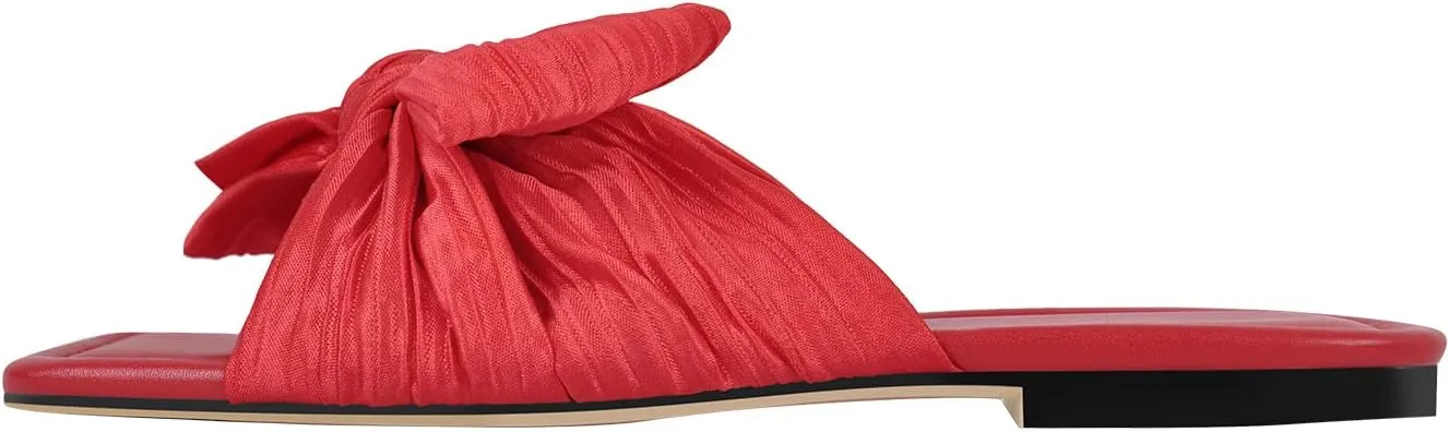 Womens Slip on Flat Sandals Square Open Toe Summer Pleated Bows Slides Dressy Sandals
