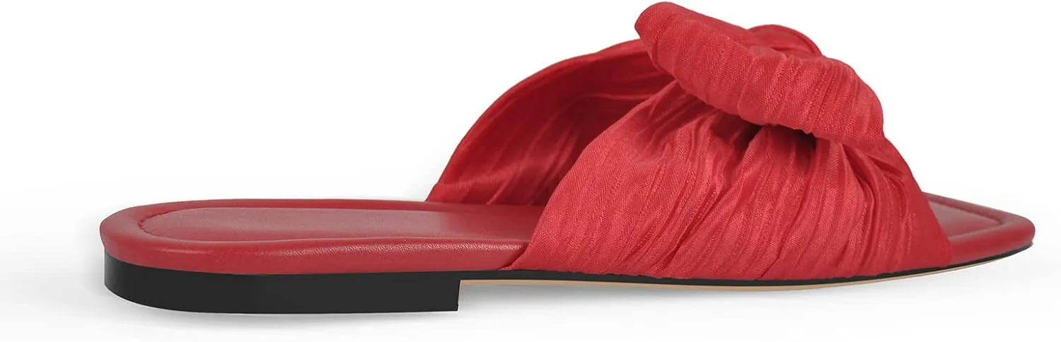 Womens Slip on Flat Sandals Square Open Toe Summer Pleated Bows Slides Dressy Sandals