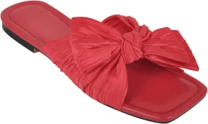 Womens Slip on Flat Sandals Square Open Toe Summer Pleated Bows Slides Dressy Sandals