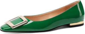 Women's Square Toe Gold Metal Buckle Pumps Patent Leather Slip On Flat Shoes