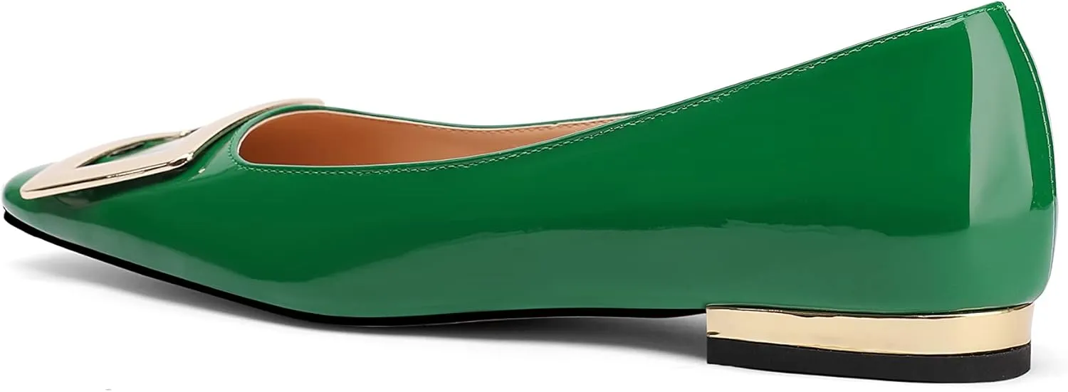 Women's Square Toe Gold Metal Buckle Pumps Patent Leather Slip On Flat Shoes