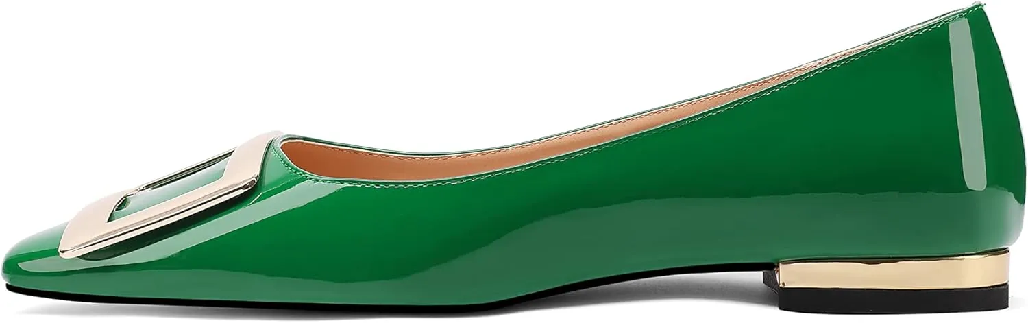 Women's Square Toe Gold Metal Buckle Pumps Patent Leather Slip On Flat Shoes