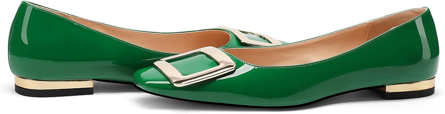 Women's Square Toe Gold Metal Buckle Pumps Patent Leather Slip On Flat Shoes