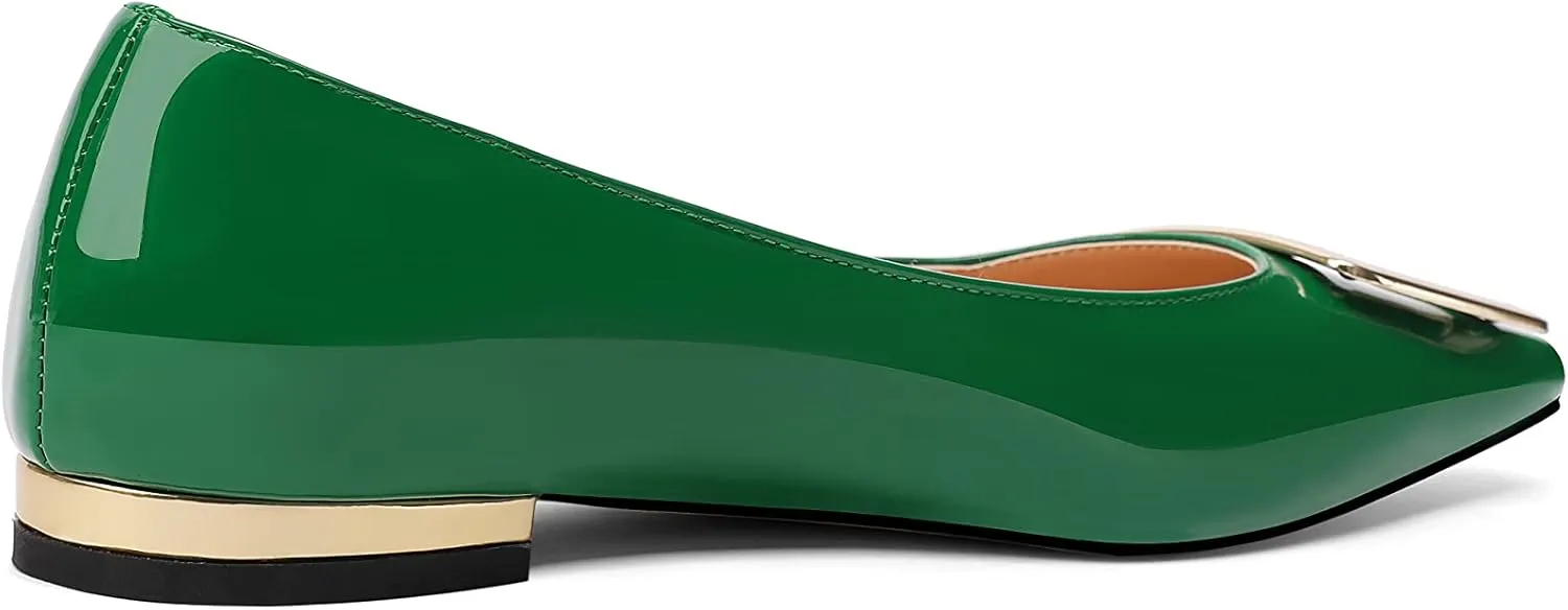 Women's Square Toe Gold Metal Buckle Pumps Patent Leather Slip On Flat Shoes