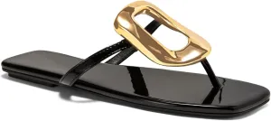 Womens Summer Square Toe Flip Flops Flat Sandals Slip On Shoes Slide Sandals with Gold Metal Decoration Dressy 2025