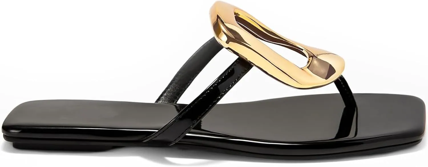 Womens Summer Square Toe Flip Flops Flat Sandals Slip On Shoes Slide Sandals with Gold Metal Decoration Dressy 2025