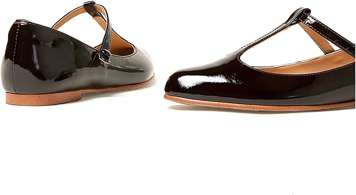 Women's Vintage Patent Leather Round Toe Cutout T-Strap Dress Flats Shoes Comfortable Causal Closed Toe Slip On Mary Jane Flats Pumps