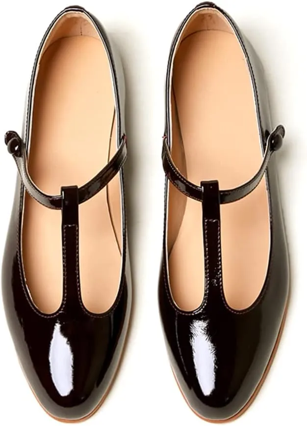 Women's Vintage Patent Leather Round Toe Cutout T-Strap Dress Flats Shoes Comfortable Causal Closed Toe Slip On Mary Jane Flats Pumps
