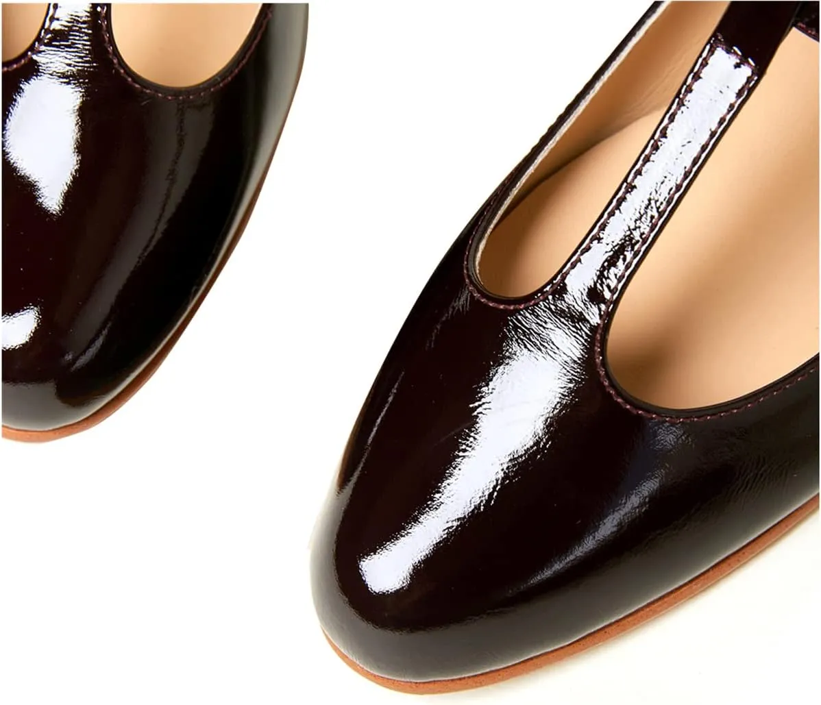 Women's Vintage Patent Leather Round Toe Cutout T-Strap Dress Flats Shoes Comfortable Causal Closed Toe Slip On Mary Jane Flats Pumps