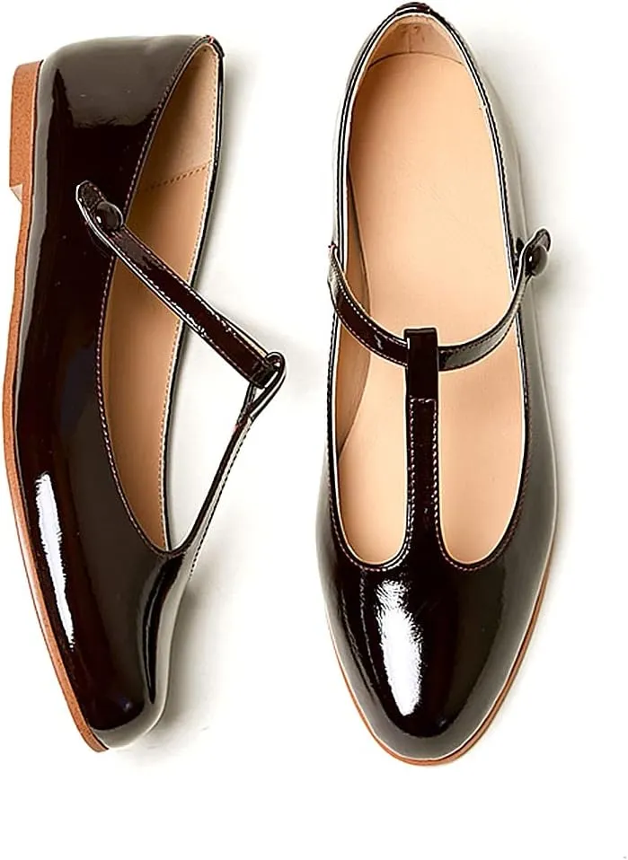 Women's Vintage Patent Leather Round Toe Cutout T-Strap Dress Flats Shoes Comfortable Causal Closed Toe Slip On Mary Jane Flats Pumps