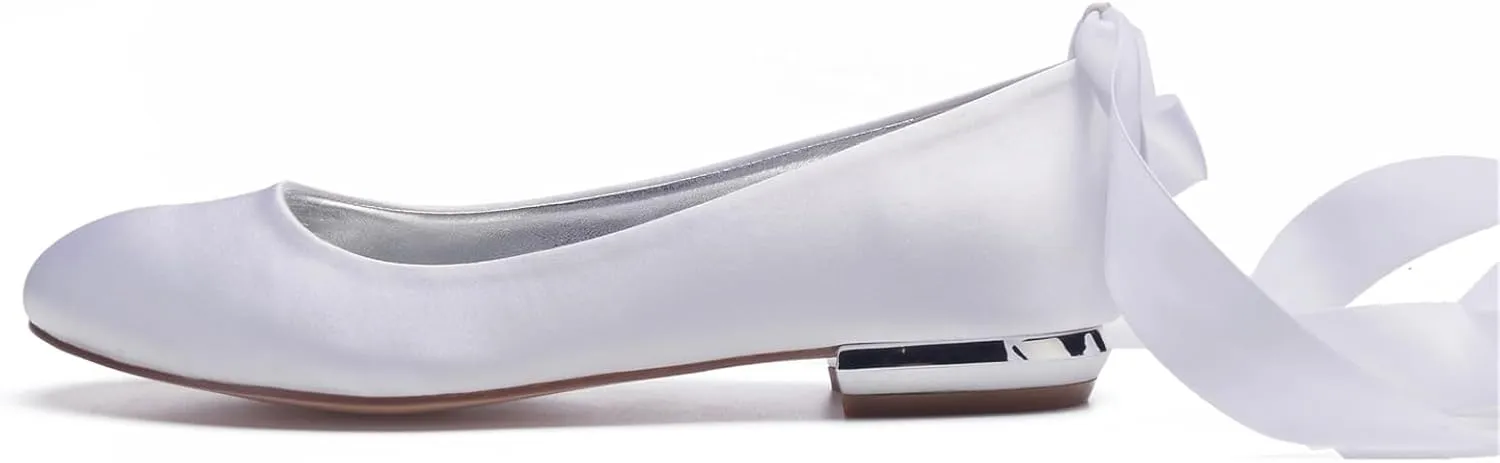 Women's Wedding Bridal Shoes Satin Flats Round Toe Wedding Bridal Party Dress Pumps Satin Closed Mouth Ribbon Ballerina Shoes