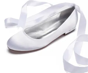 Women's Wedding Bridal Shoes Satin Flats Round Toe Wedding Bridal Party Dress Pumps Satin Closed Mouth Ribbon Ballerina Shoes
