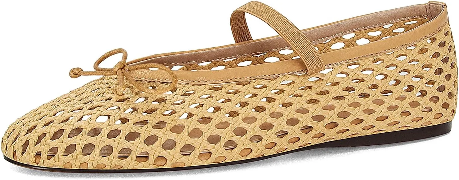 Woven Ballet Flats for Women Cute Raffia Mary Janes Bow Elastic Strap Summer Straw Comfortable Casual Dressy Shoes