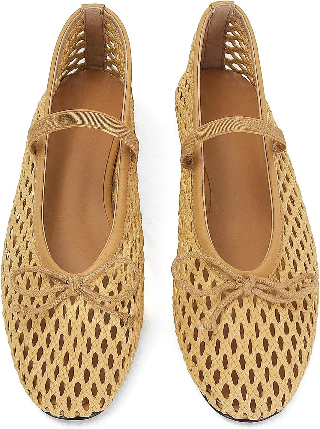 Woven Ballet Flats for Women Cute Raffia Mary Janes Bow Elastic Strap Summer Straw Comfortable Casual Dressy Shoes
