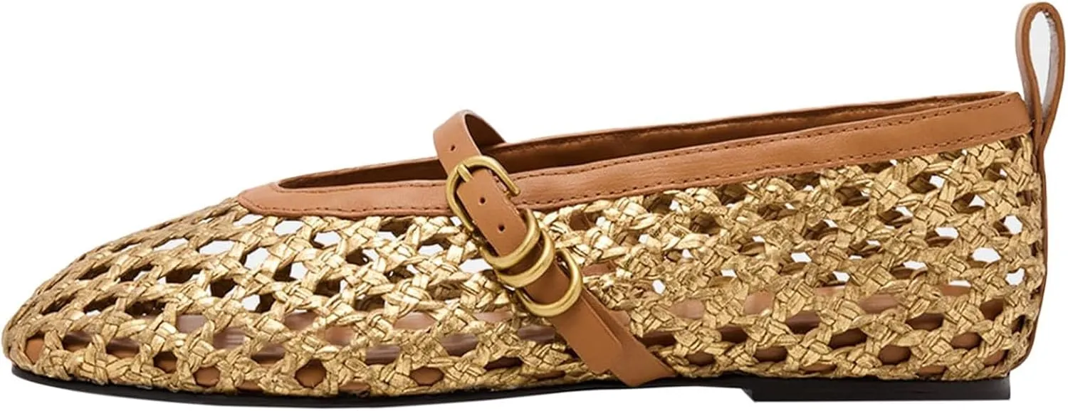 Woven Ballet Flats for Women Cute Raffia Mary Janes Bow Elastic Strap Summer Straw Comfortable Casual Dressy Shoes