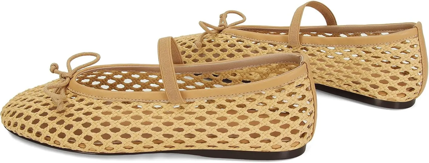 Woven Ballet Flats for Women Cute Raffia Mary Janes Bow Elastic Strap Summer Straw Comfortable Casual Dressy Shoes