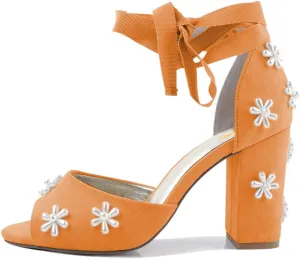 XYD Women Open Toe Sandals with Bloom Pearl Flower Ankle Strap Lace-up Chunky Block Heel Wedding Bridal Shoes