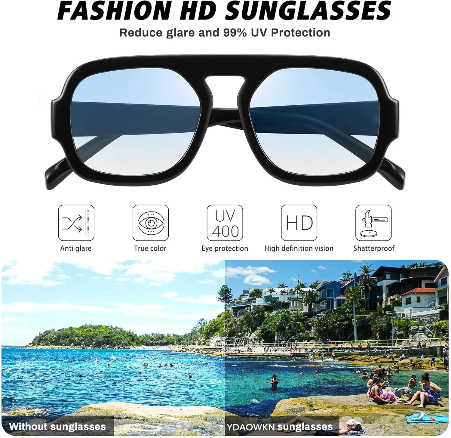 YDAOWKN Trendy Square Aviator Sunglasses for Women Men Retro Flat Top Frame Single Bridge Sun Glasses Vintage Shades