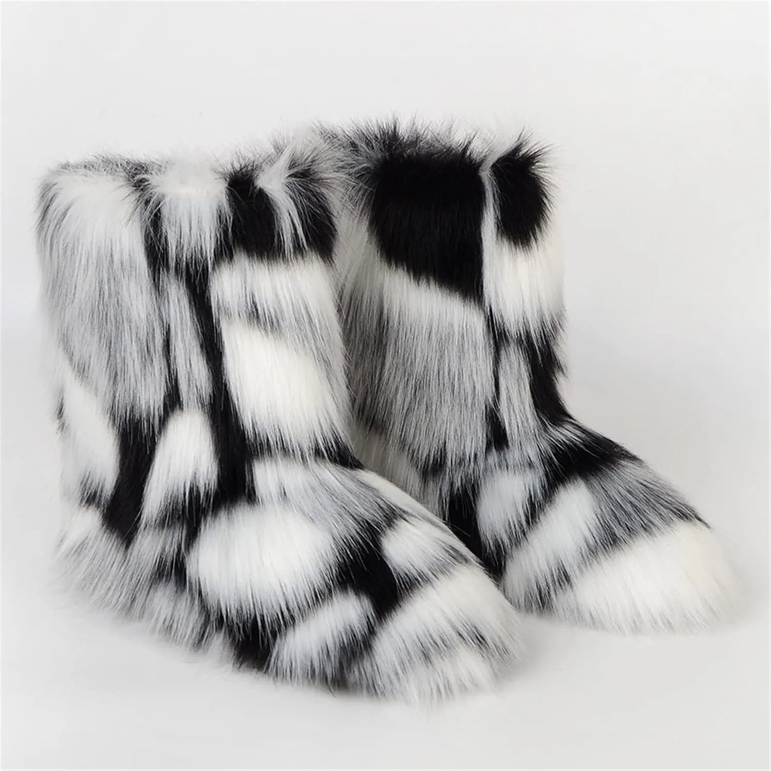 YESBOR Women's Winter Faux Fur Boots Round Toe Warm Fuzzy Fluffy Furry Snow Boots Flat Shoes