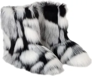 YESBOR Women's Winter Faux Fur Boots Round Toe Warm Fuzzy Fluffy Furry Snow Boots Flat Shoes