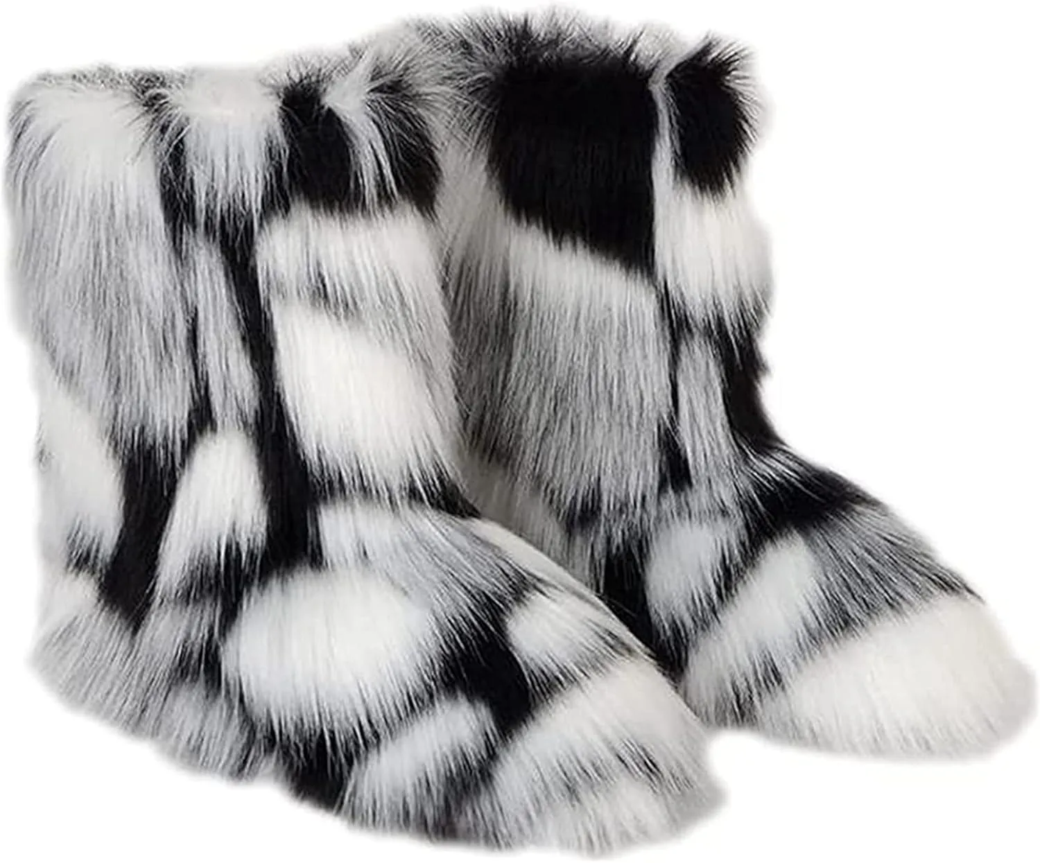 YESBOR Women's Winter Faux Fur Boots Round Toe Warm Fuzzy Fluffy Furry Snow Boots Flat Shoes