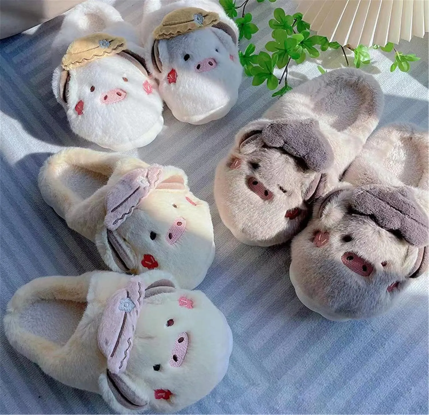 YILANLAN Women's Pink Pig Animal Slippers - Warm, Plush, Winter, Flat Heel, No Closure, Round Toe