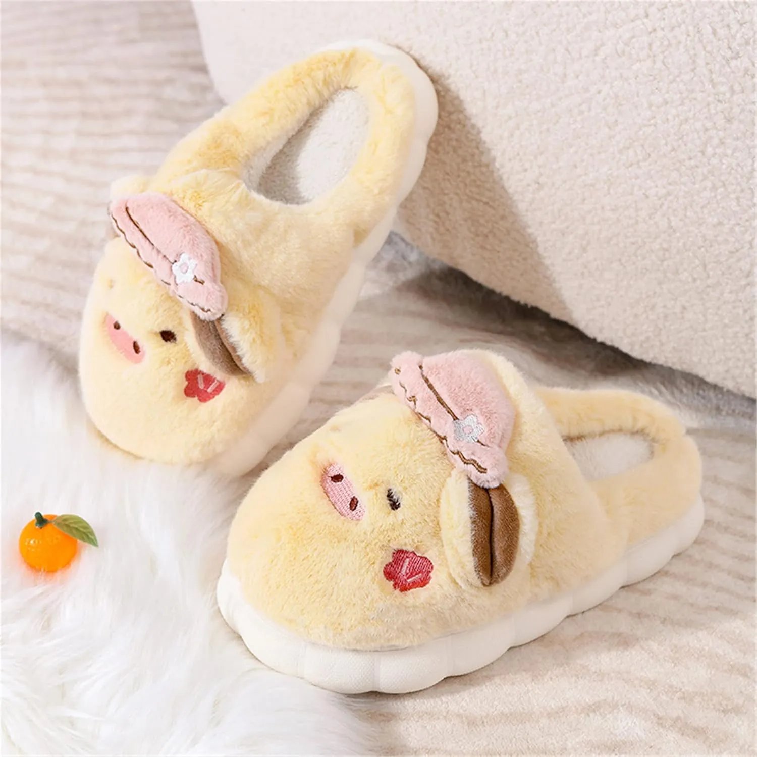 YILANLAN Women's Pink Pig Animal Slippers - Warm, Plush, Winter, Flat Heel, No Closure, Round Toe