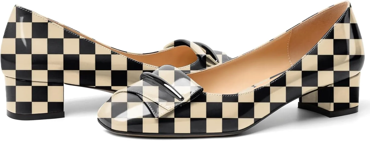 Zamikoo Women's Block Heel Pumps, Square Toe Slip-on Chunky Low Heels, Heeled Dress Shoes with Bow for Office Wedding Work Evening 1.5 Inches