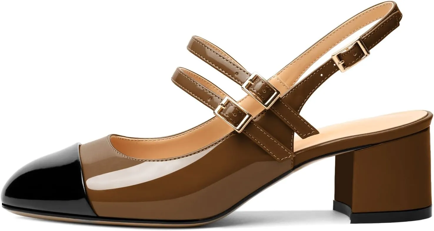 Zamikoo Women's Slingback Heels Round Cap Toe Low Block Heel Pumps with Adjustable Buckle, 2 Inches Heeled Sandals Office Dress Pumps Shoes