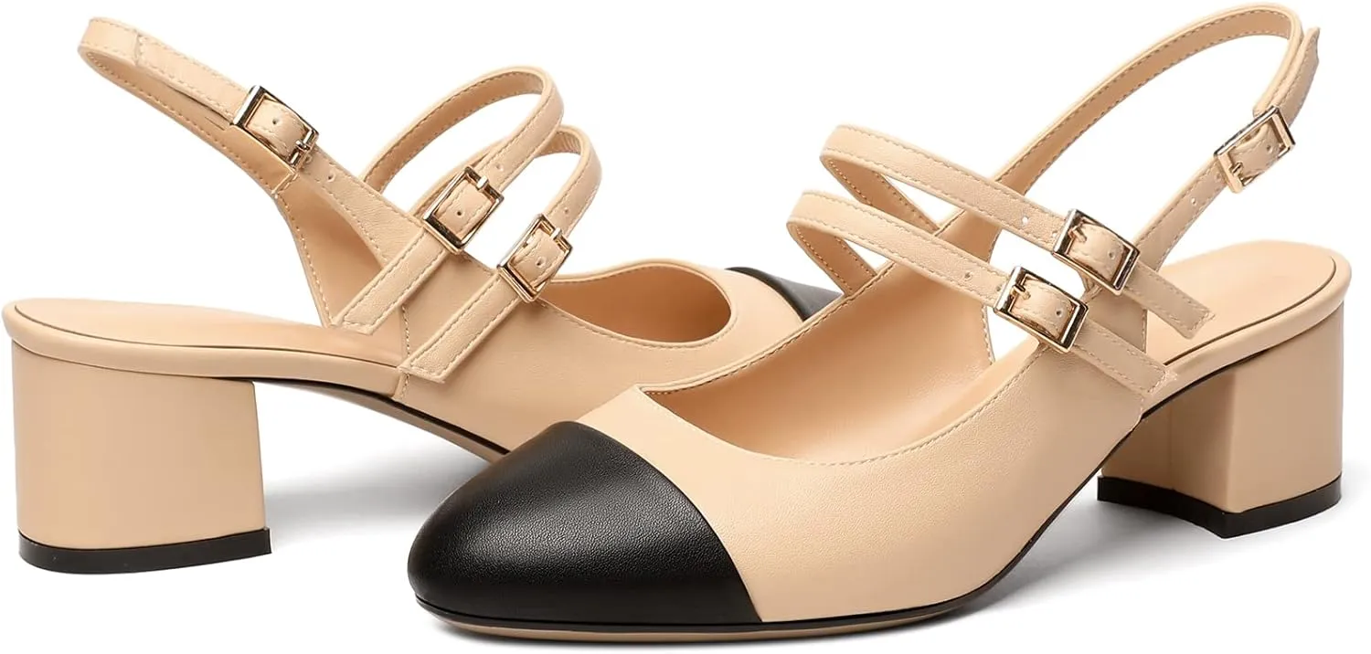 Zamikoo Women's Slingback Heels Round Cap Toe Low Block Heel Pumps with Adjustable Buckle, 2 Inches Heeled Sandals Office Dress Pumps Shoes
