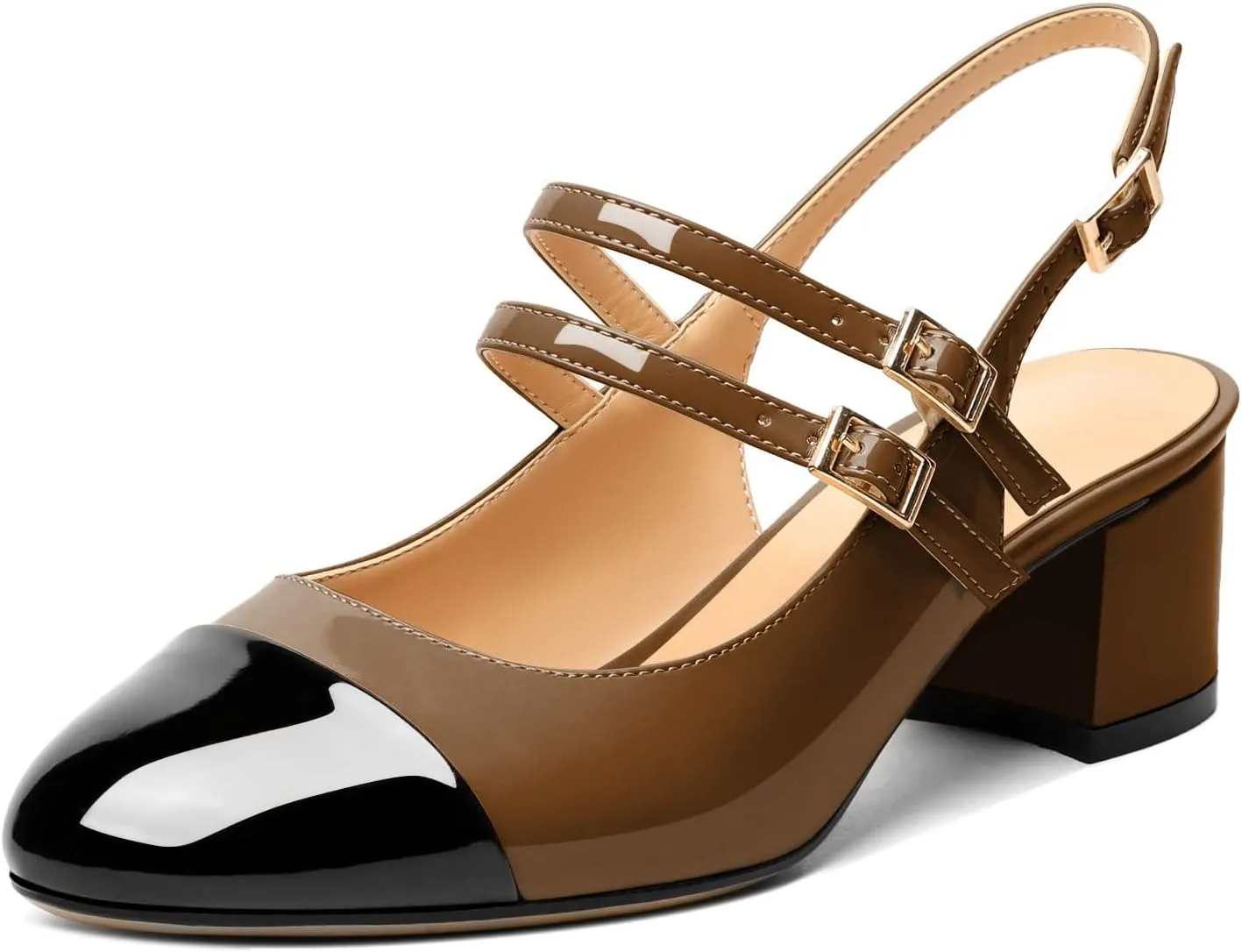 Zamikoo Women's Slingback Heels Round Cap Toe Low Block Heel Pumps with Adjustable Buckle, 2 Inches Heeled Sandals Office Dress Pumps Shoes
